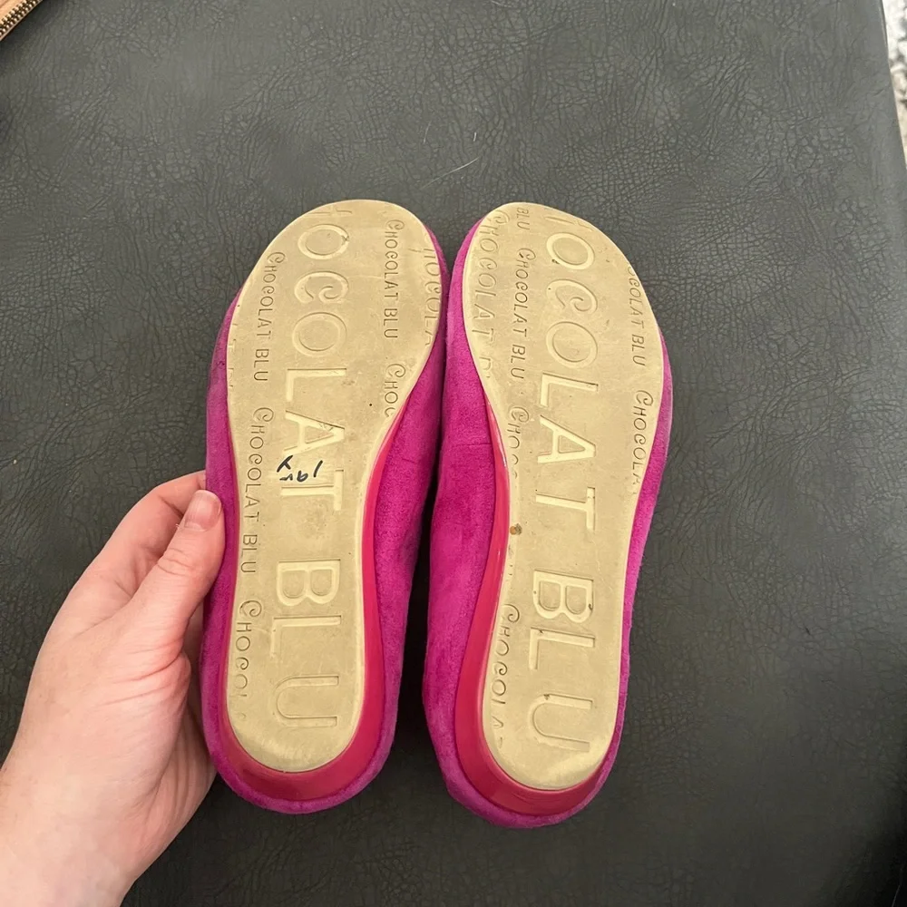 Chocolate Blu Suede Fuschia Virgo Ballet Wedge Shoes